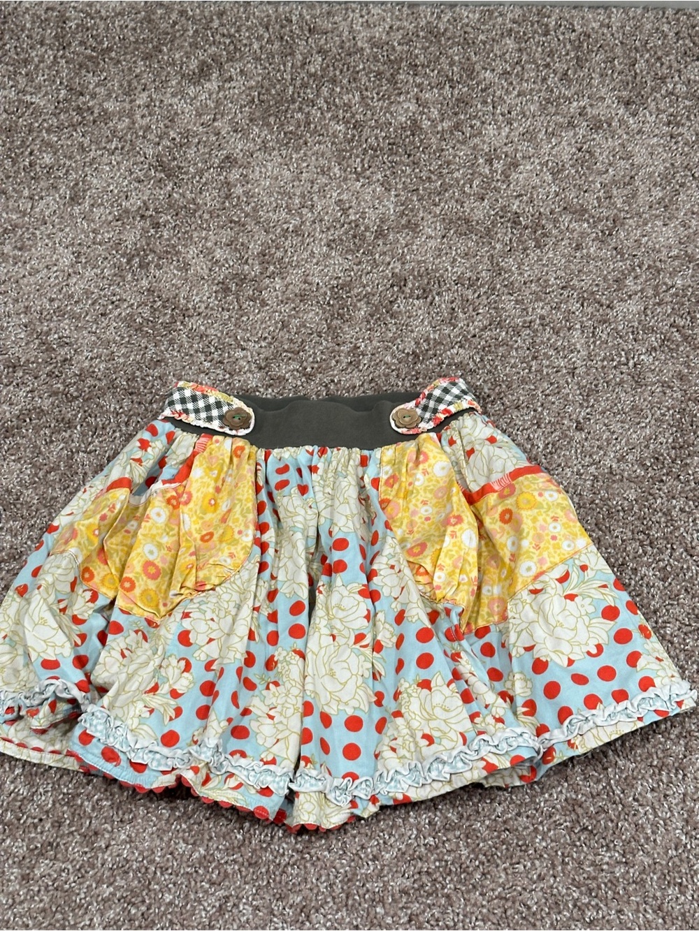 Matilda Jane Light Blue Skirt with Red Polka Dots and Yellow Floral Pockets